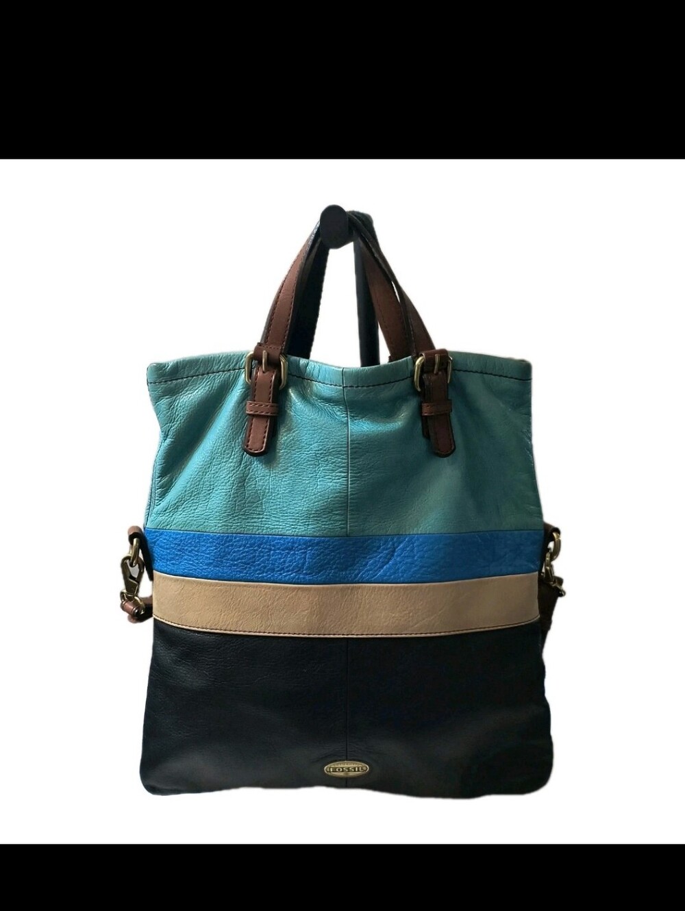 Fossil Explorer Leather Foldover Tote Crossbody Bag Colorblock Teal Blue Black